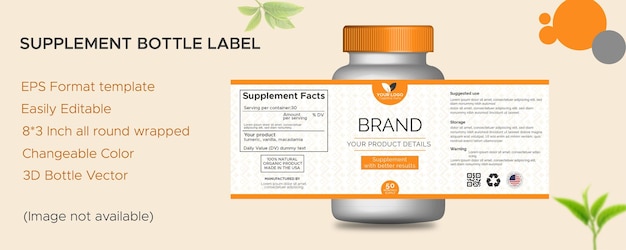 Vector supplement bottle packaging label template with 3d bottle