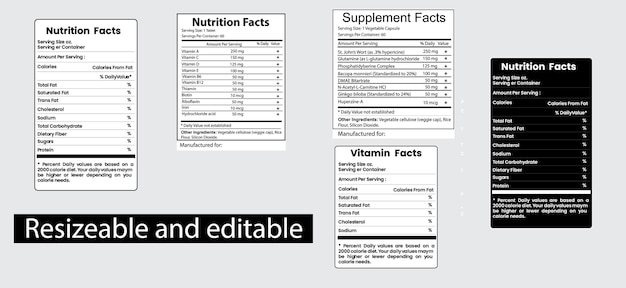 보충, 비타민 및 영양 성분 편집 가능한 세트 컬렉션