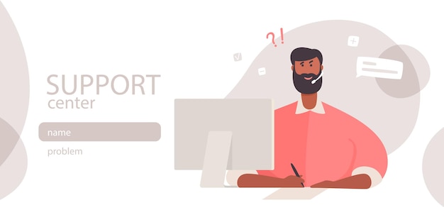 Support center web banner template vector flat character sitting in front of the computer