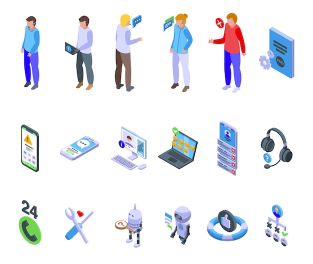 Support chat icons set isometric vector. Call center