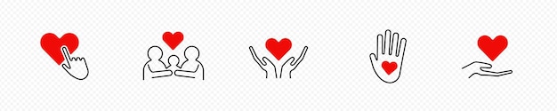 Vector support and donation icons hands with red heart as symbol of care