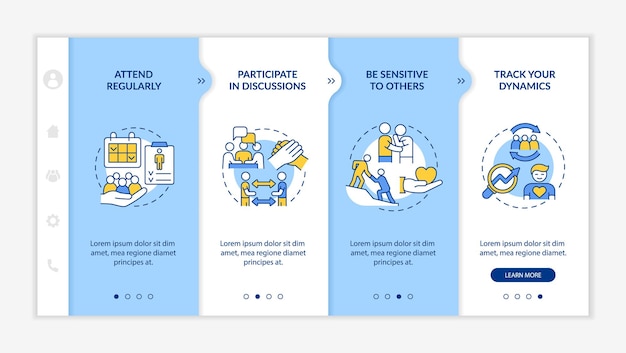 Сине-белый шаблон онбординга эффективности посещения группы поддержки. отзывчивый мобильный веб-сайт с линейными концептуальными иконками. пошаговое прохождение веб-страницы из 4 экранов. используются шрифты lato-bold, regular