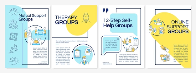 Support groups types blue and yellow brochure template. Booklet print design with linear icons. Vector layouts for presentation, annual reports, ads. Arial-Black, Myriad Pro-Regular fonts used