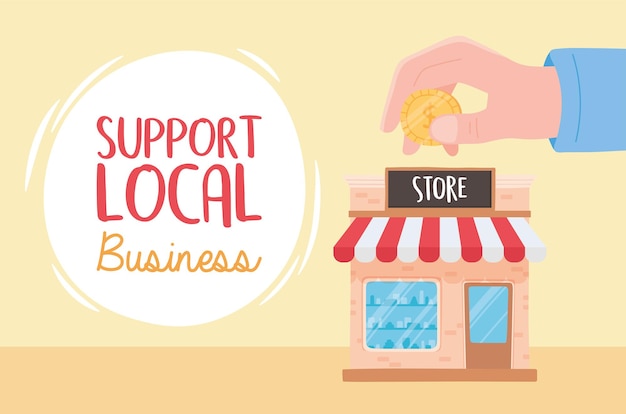 Vector support local business, hand with money on store