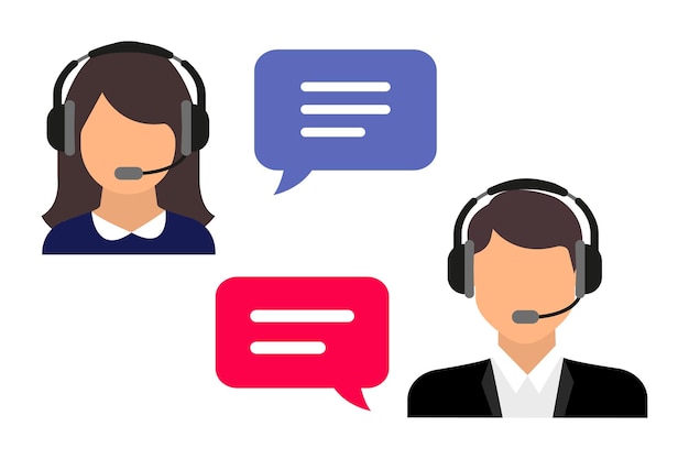 Support service call center male and female avatar with headphones and microphone call center online assistant speech bubbles conceptual of client services and communication help and support