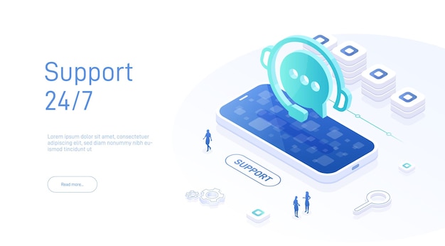 Support service concept or call center in isometric vector illustration 247 round the clock