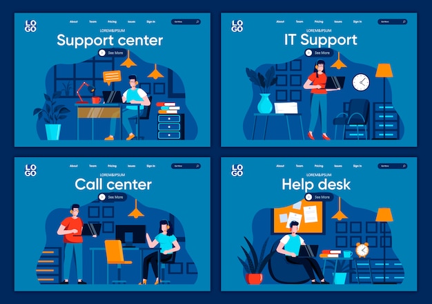 Support service flat landing pages set. helpline operator with headset work with computer scenes for website or cms web page. online it consultation and assistance in call center illustration