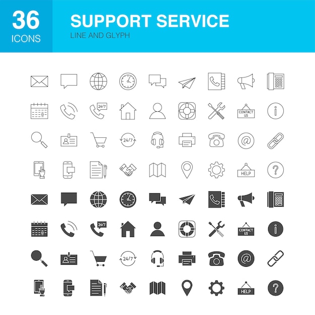 Иконки веб-глифов службы поддержки. Векторная иллюстрация телефонного контура и твердых символов.