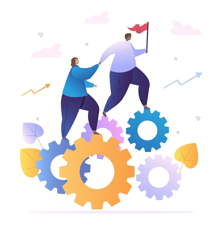 Vector support and teamwork concept man with flag helps colleague to get up partners develop their business