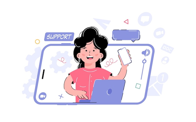 support theme the girl holds the phone and works at the computer element for the design of presentations applications and websites trend illustration