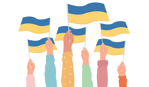 Support Ukraine Raised hands hold the national flag of Ukraine No war