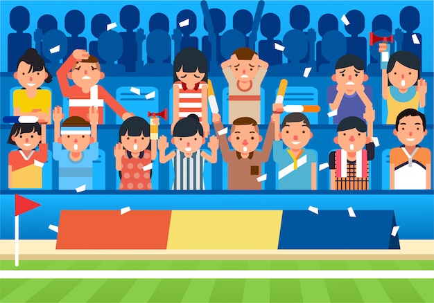 Sostenitore che incoraggia dal sedile dello stadio accanto all'illustrazione felice e triste di vettore del sostenitore del campo di football americano