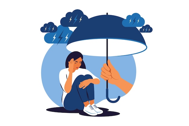 Supporting depressed crying woman under stress psychotherapy and mental issues support and aid for people under stress and depression concept vector illustration