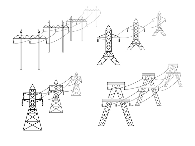 Supporti della rete elettrica ad alta tensione illustrazione vettoriale delle reti di trasmissione elettriche di utilità linee elettriche isolate su sfondo bianco