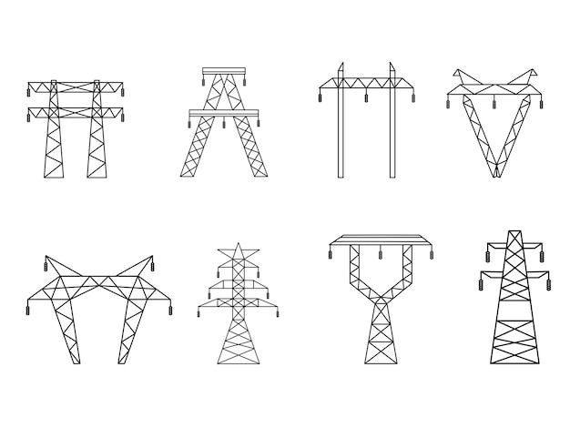 Supports of the highvoltage power grid Vector illustration of utility electric transmission networks Power lines isolated on white background