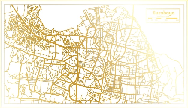 Vettore mappa della città di surabaya indonesia in stile retrò con mappa di contorno a colori dorati