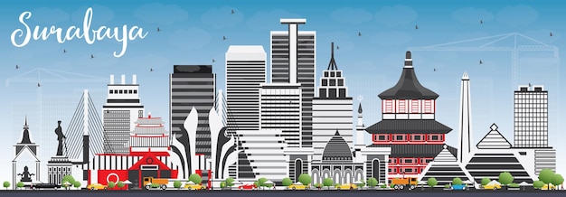 Vector surabaya skyline with gray buildings and blue sky.