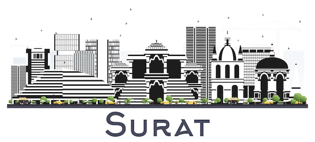 Surat india city skyline met kleur gebouwen geïsoleerd op wit