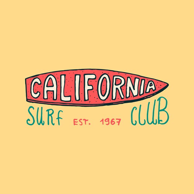 Surf badge en golf palmboom en oceaan vintage retro achtergrond tropen en californië surfplank