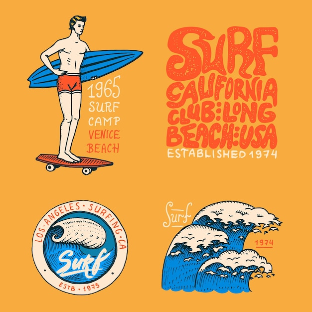 Волна значка серфинга и винтажный ретро-фон океана, тропики и калифорнийский мужчина на доске для серфинга