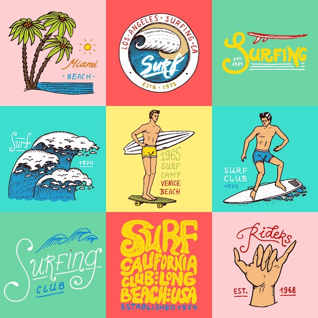 Vector surf badge and wave palm tree and ocean tropics and california man on the surfboard summer