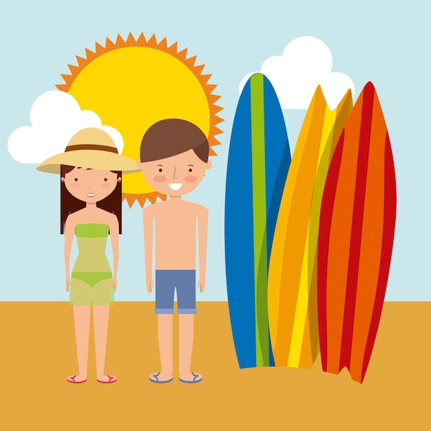 Surf board paar cartoon en zon pictogram