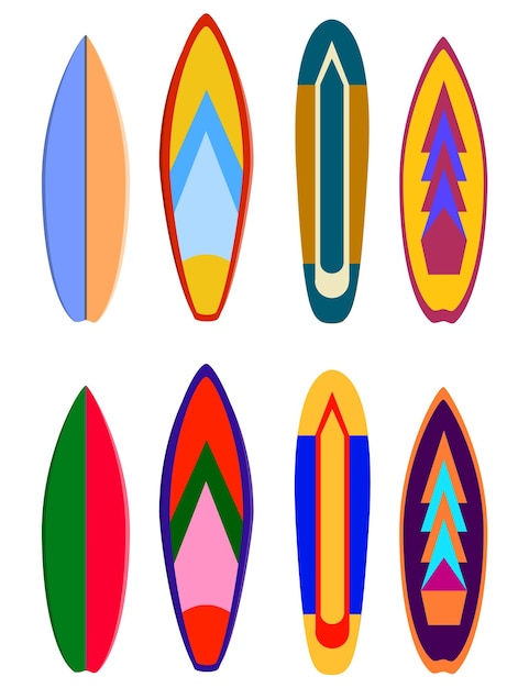 Surf boards designs Vector surfboard coloring set Realistic surfboard for extreme swimming illustration set of surf board with color pattern