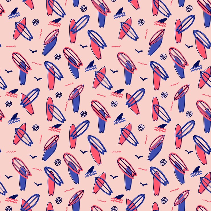 Vector surf boards and shark fins doodles in pink retro shades seamless pattern