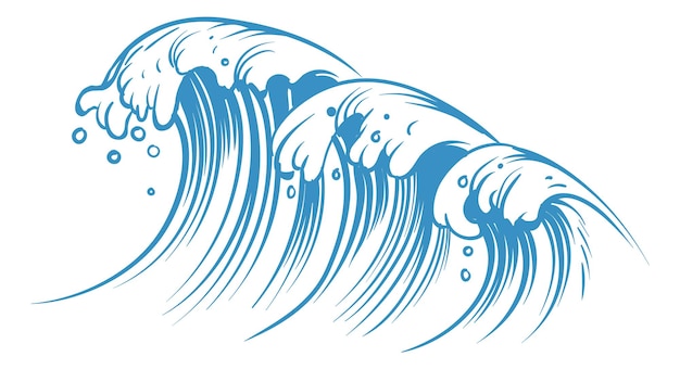 Surf golven. Grote watervloed in blauwe inktstijl die op witte achtergrond wordt geïsoleerd