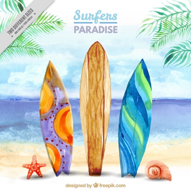 Vector surf landscape on the beach background in watercolor effect