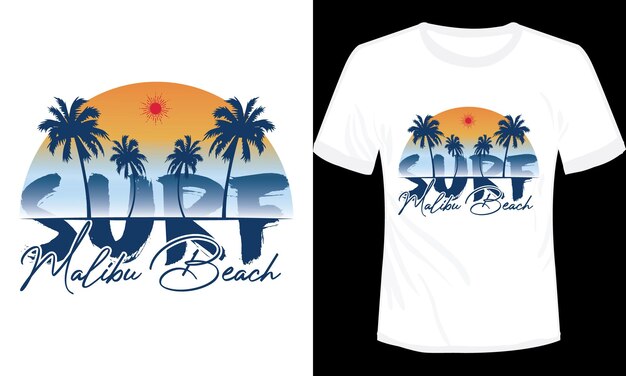 Vettore illustrazione di vettore di progettazione della maglietta della spiaggia di malibu del surf