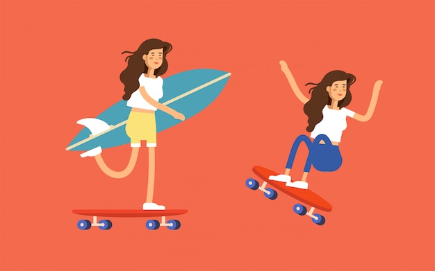 Surf poster met een jongen skateboarder rijden op een skateboard met surfplank.