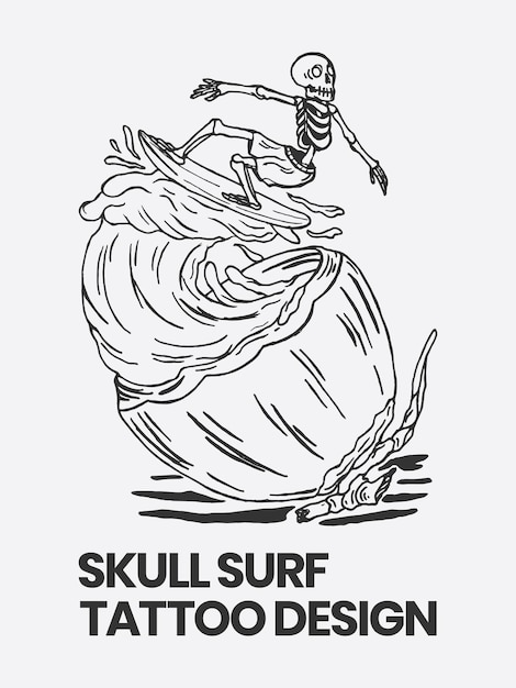 Surf schedel tattoo ontwerp illustratie met kokos fruit