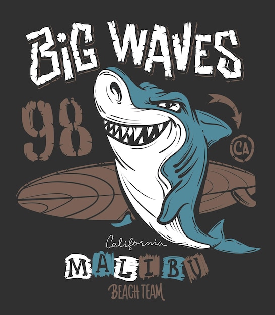 Vettore surf shark t-shirt print design, illustrazione.