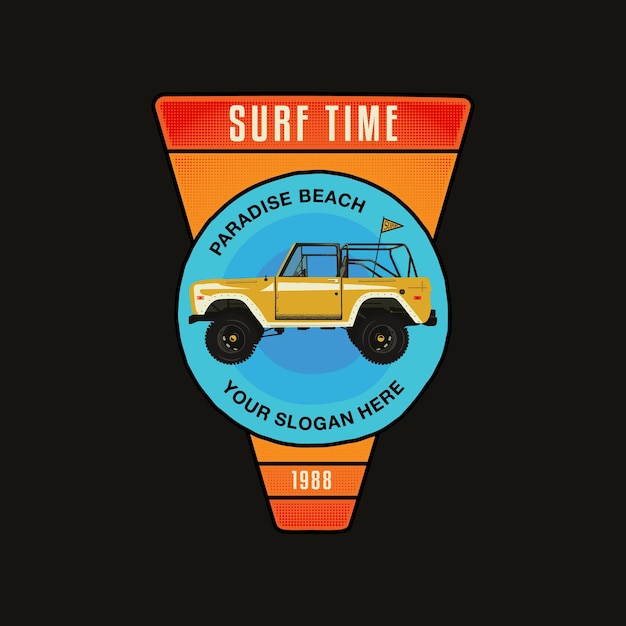 Surf tijd badge ontwerp met surf auto en wimpel summer travel logo graphics voorraad vector retro label geïsoleerd op zwarte achtergrond