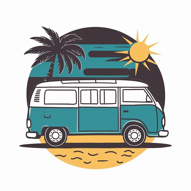 Vector surf van and beach design tee shirt print on white background