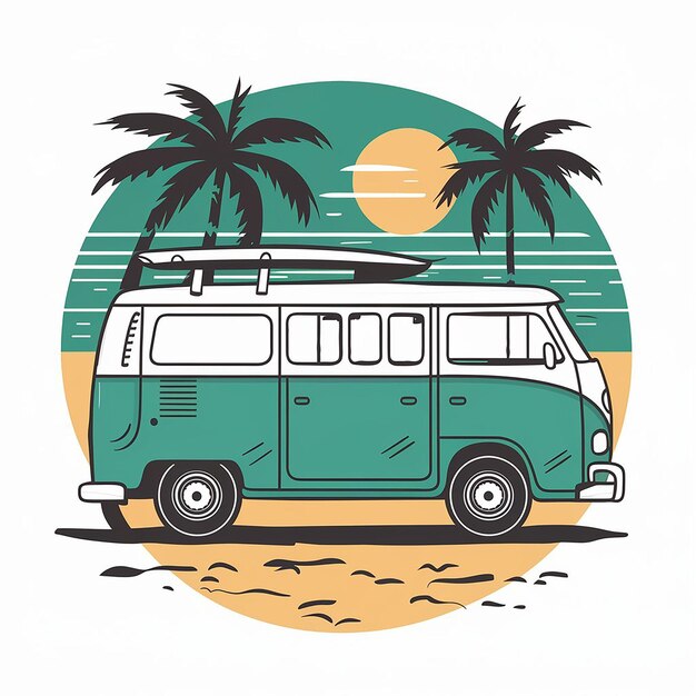 Vector surf van and beach design tee shirt print on white background