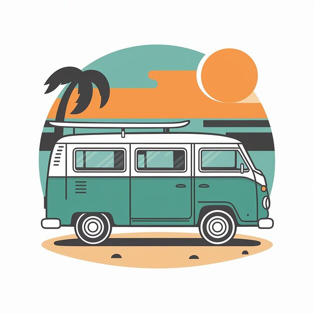 Vector surf van en beach design t-shirt print op witte achtergrond