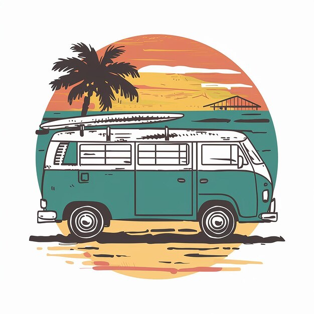 Vector surf van en beach design t-shirt print op witte achtergrond