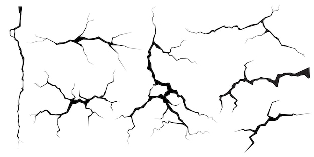 Vector surface cracks fissures in concrete crevices from disaster top view break on land surface wall glass