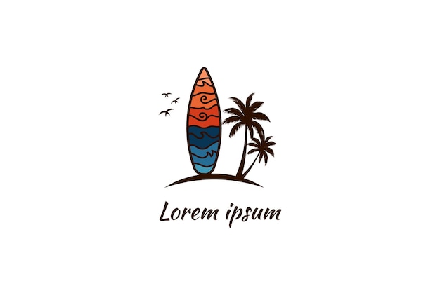 Пляж для серфинга, морской серфинг с гавайским племенным мотивом и вектор дизайна логотипа пальмы