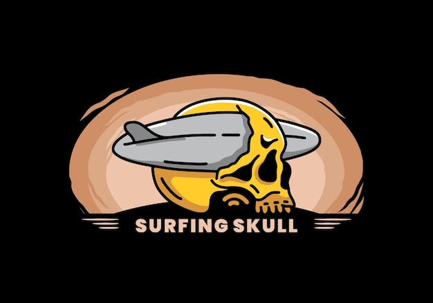 Tavola da surf che perfora il disegno dell'illustrazione del cranio