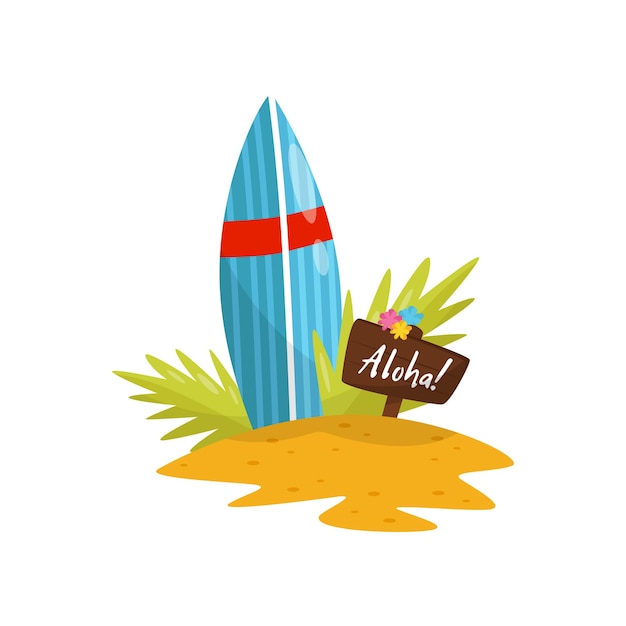 Surfboard and signboard with Aloha word surfboard on tropical Hawaiian beach vector Illustration on a white background