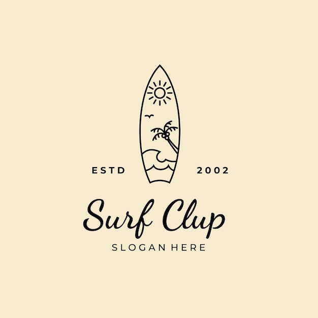 Surfboard with surf club logo design vector illustration template