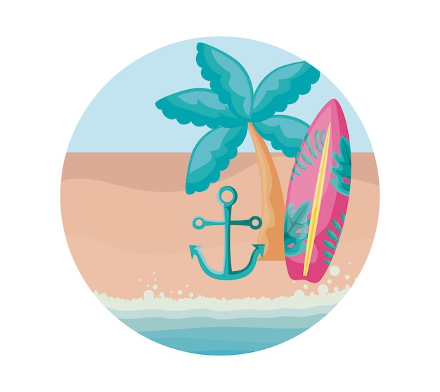 Доска для серфинга с тропической пальмой и якорь на пляже