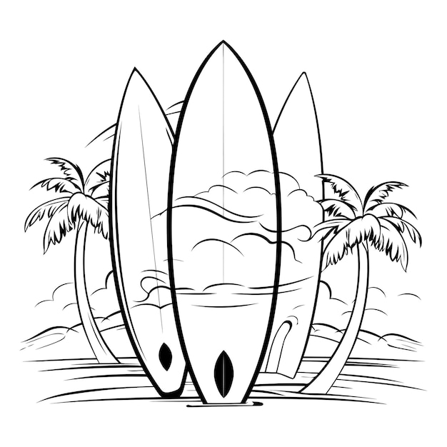 Vector surfboards on the beach with palm trees