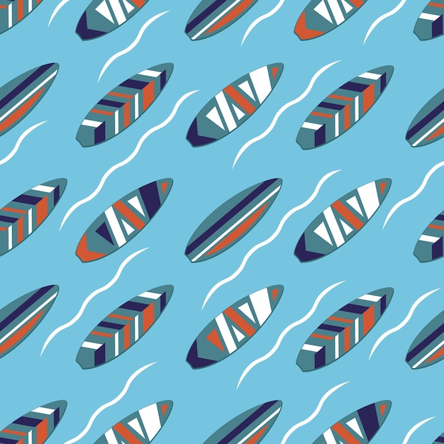 Vector surfboards on the sea cartoon summer seamless pattern sea surfing boards beach vacation travel surf vector print summertime fabric