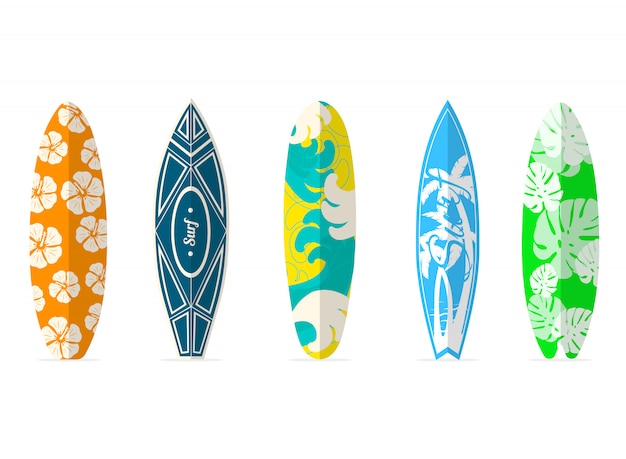 Surfboards set with different bright and unusual pattern designs.