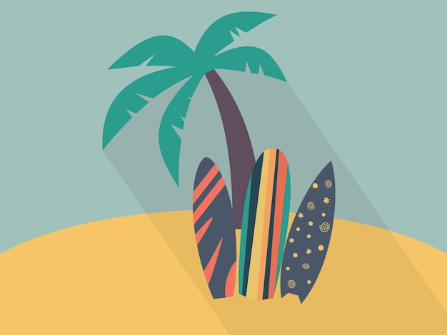 Surfboards standing in sand under palm tree with long shadow Travel and vacation Sea resort Vector illustration