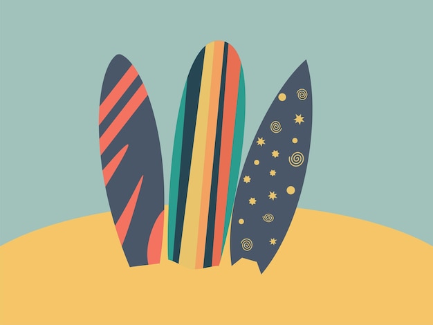 Vector surfboards standing in sand with long shadow travel and vacation sea resort vector illustration